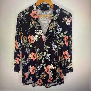 Cable & Gauge Woman Black Floral 3/4 Sleeve Pullover Blouse Top Size XL